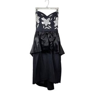 Black Strapless peplum bow formal dress 80s floral beaded ribbed gown party prom